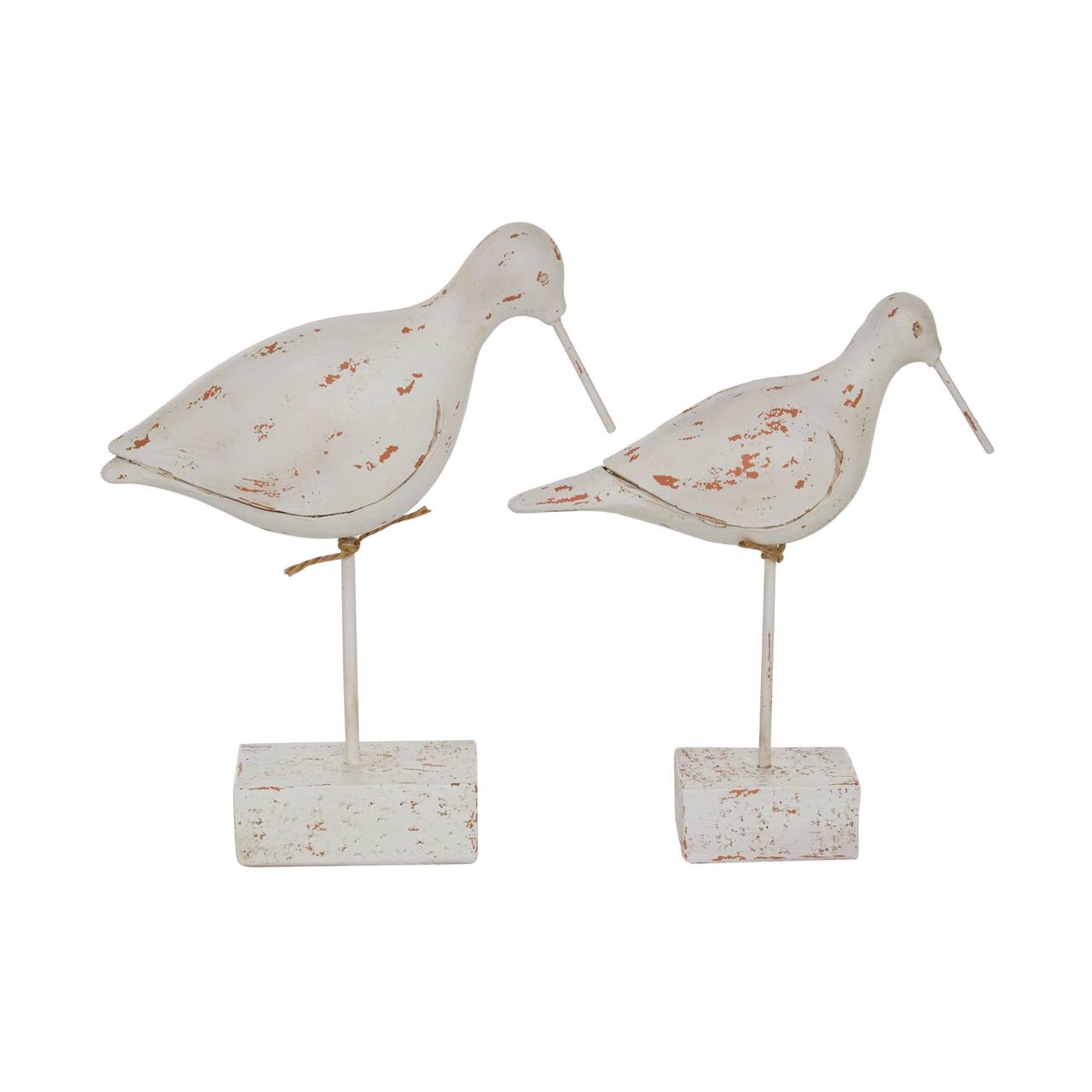 Set of 2 White Polystone Country Cottage Bird Sculpture, 10&#x22;, 11&#x22;
